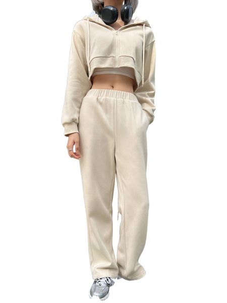 dazy drop shoulder drawstring hoodie & sweatpants 12vn#, White