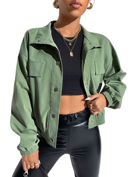 button front drop shoulder jacket 28g0#, Black;brown