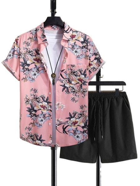 men floral print patched pocket shirt & drawstring waist shorts without tee j2c8#, Gray
men floral print patched pocket shirt & drawstring waist shorts without tee j2c8#, Gray