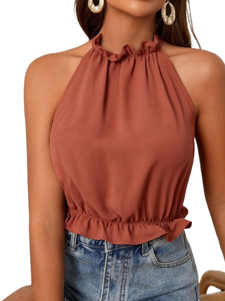 frilled neck tie back peplum halter p4nr#, White