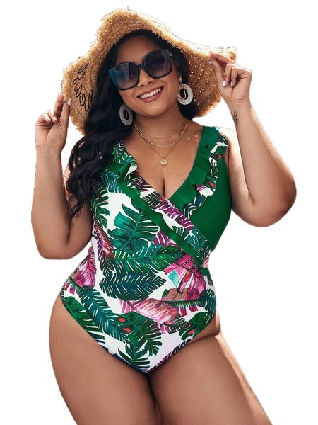 plus tropical print ruffle trim one piece swimsuit t1fh#, White;black 
plus tropical print ruffle trim one piece swimsuit t1fh#, White;black