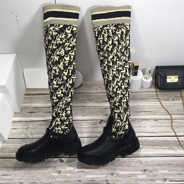 designer boots brand genuine leather letter ladies thigh high boot women over the knee stretch lace low heel socks shoe with box s208j, Black