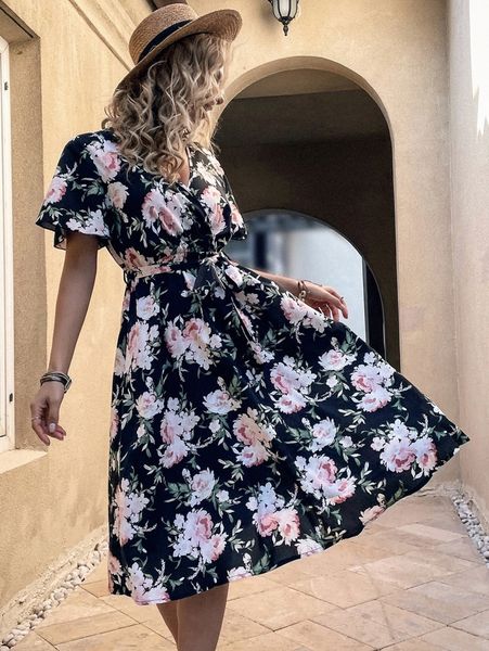 floral print flutter sleeve overlap collar belted dress i587#, Black;gray 
floral print flutter sleeve overlap collar belted dress i587#, Black;gray