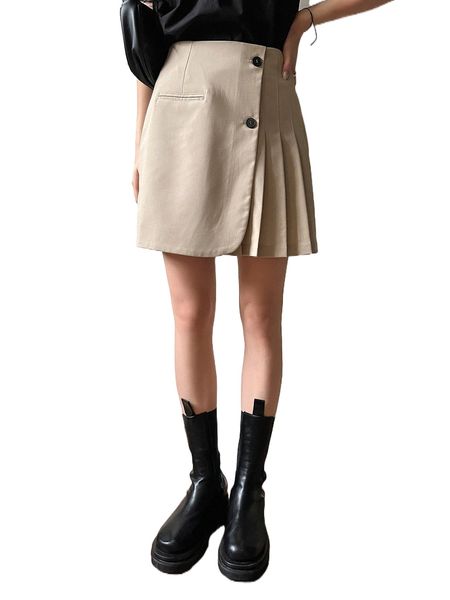dazy fake button plicated detail wrap hem skirt v6lc#, Black