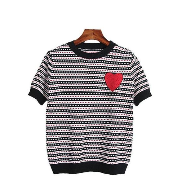 luxury designer brand knitted t-shirt for women o neck drilling red love striped knitted t shirts black blue summer w194, White;black
luxury designer brand knitted t-shirt for women o neck drilling red love striped knitted t shirts black blue summer w194, White;black
