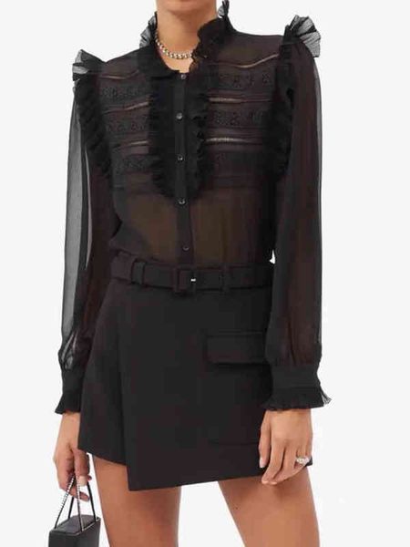 women's blouses & shirts self spring/summer arrival black ruffled semi-sheer blouse neck skirts vnbr, White
women's blouses & shirts self spring/summer arrival black ruffled semi-sheer blouse neck skirts vnbr, White