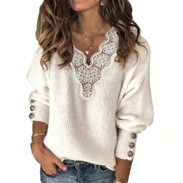 women autumn winter long sleeve lace patchwork v neck buttons sweater jumper, White;black
women autumn winter long sleeve lace patchwork v neck buttons sweater jumper, White;black