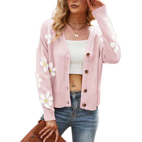 women loose knit sweater adults button-down flower pattern long sleeve v-neck cardigan, White;black
women loose knit sweater adults button-down flower pattern long sleeve v-neck cardigan, White;black