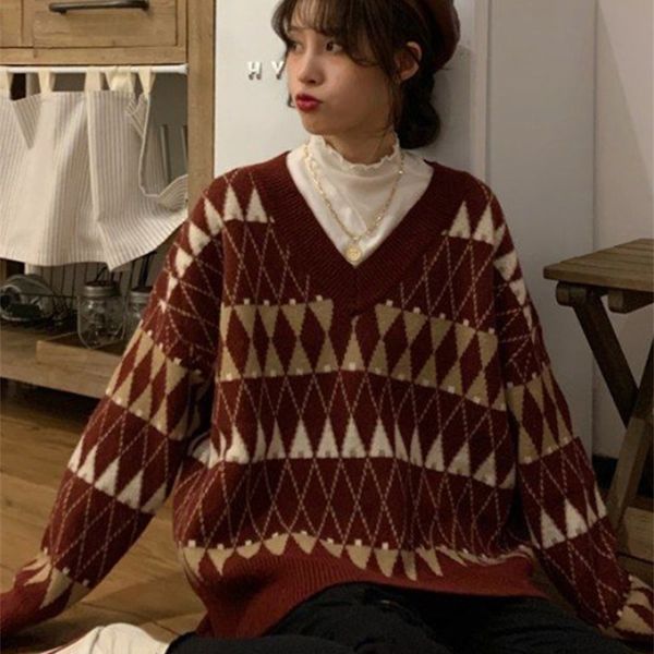 sweaters women vintage argyle korean allmatch chic vneck ladies pullovers student lazy style winter womens sweater 220815, White;black
sweaters women vintage argyle korean allmatch chic vneck ladies pullovers student lazy style winter womens sweater 220815, White;black