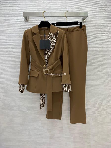 women's two piece pants early spring horse pattern contrast color stitching fashion belt coat with casual straight pants two-piece suit, White
women's two piece pants early spring horse pattern contrast color stitching fashion belt coat with casual straight pants two-piece suit, White