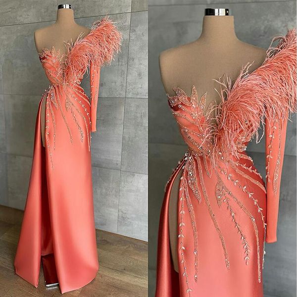 coral mermaid satin evening dresses ostrich feather one shoulder long sleeve prom gowns side split pageant special occasion dress, Black;red
coral mermaid satin evening dresses ostrich feather one shoulder long sleeve prom gowns side split pageant special occasion dress, Black;red