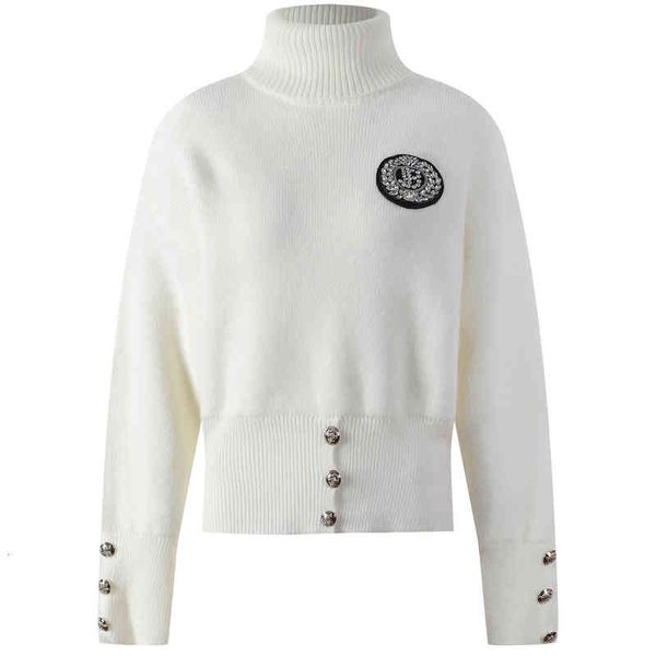 women's knits tees autumn and winter korean letter diamond inlaid badge high neck sweater womanly metal button zs69, White
women's knits tees autumn and winter korean letter diamond inlaid badge high neck sweater womanly metal button zs69, White
