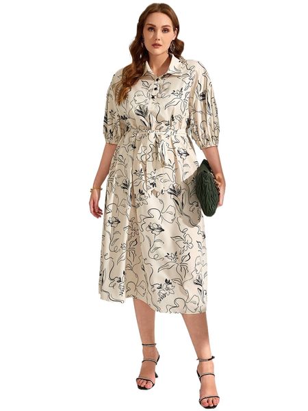 plus abstract figure graphic drop shoulder belted dress l5hc#, Black 
plus abstract figure graphic drop shoulder belted dress l5hc#, Black