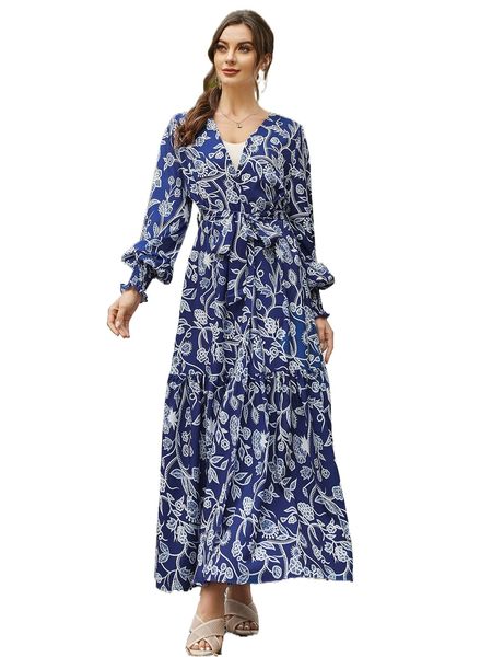 floral and plants print shirred cuff ruffle hem belted coat o5en#, Black