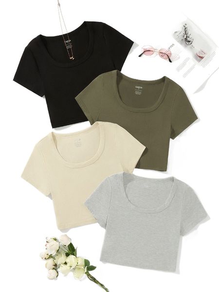 4pcs solid scoop neck tee w9xy#, White
4pcs solid scoop neck tee w9xy#, White