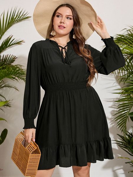 plus frill tie neck shirred ruffle hem dress 69su#, Black 
plus frill tie neck shirred ruffle hem dress 69su#, Black