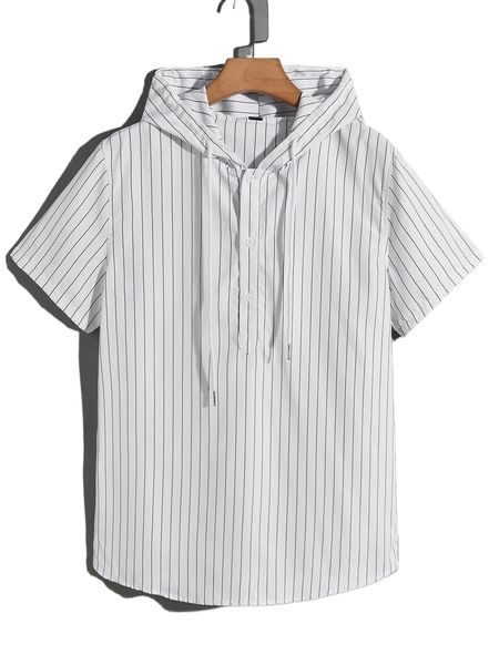 men striped drawstring half button hooded shirt 39dg#, White;black 
men striped drawstring half button hooded shirt 39dg#, White;black