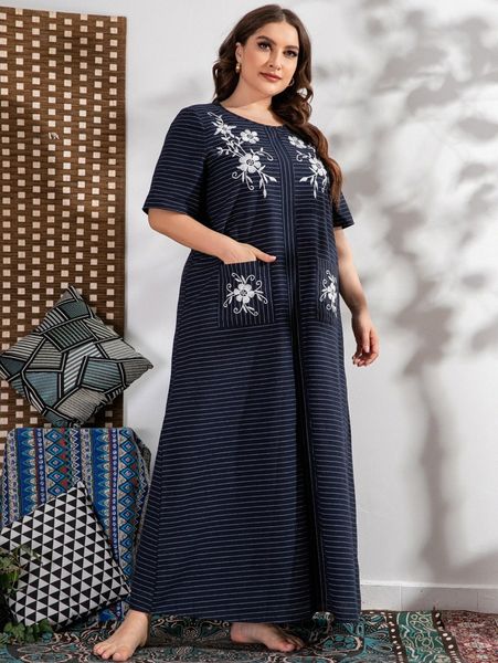 plus striped floral print dual pocket tunic dress s7j7#, Black
plus striped floral print dual pocket tunic dress s7j7#, Black