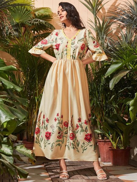 floral flounce sleeve v neck dress t8ev#, Black;gray 
floral flounce sleeve v neck dress t8ev#, Black;gray