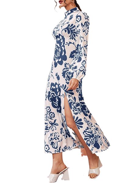 floral print mock neck split thigh dress 99yv#, Black;gray
floral print mock neck split thigh dress 99yv#, Black;gray