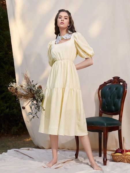 solid puff sleeve ruffle hem dress without collar a2in#, Black;gray
solid puff sleeve ruffle hem dress without collar a2in#, Black;gray