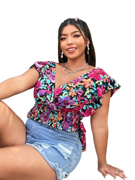 plus allover floral print shirred flutter sleeve tie side blouse 48nc#, Black
plus allover floral print shirred flutter sleeve tie side blouse 48nc#, Black