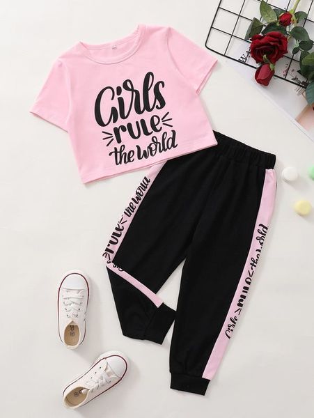 toddler girls slogan graphic tee & panel joggers she, White
toddler girls slogan graphic tee & panel joggers she, White