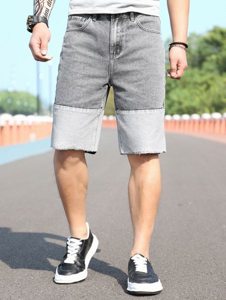 men colorblock zip fly denim shorts v2rf#, White;black 
men colorblock zip fly denim shorts v2rf#, White;black