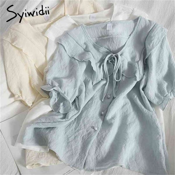 button up blouses womens summer korean fashion v-neck with belt ruffles puff sleeve office lady shirts white 210607
button up blouses womens summer korean fashion v-neck with belt ruffles puff sleeve office lady shirts white 210607