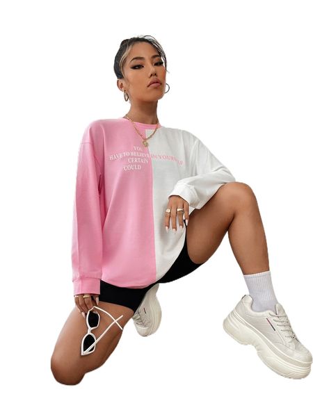 two tone slogan graphic sweatshirt h40f#, Black