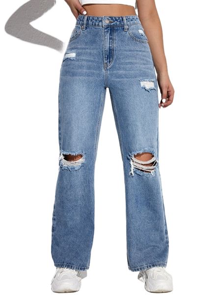 high waisted ripped straight leg jeans 41ak#, Blue
high waisted ripped straight leg jeans 41ak#, Blue