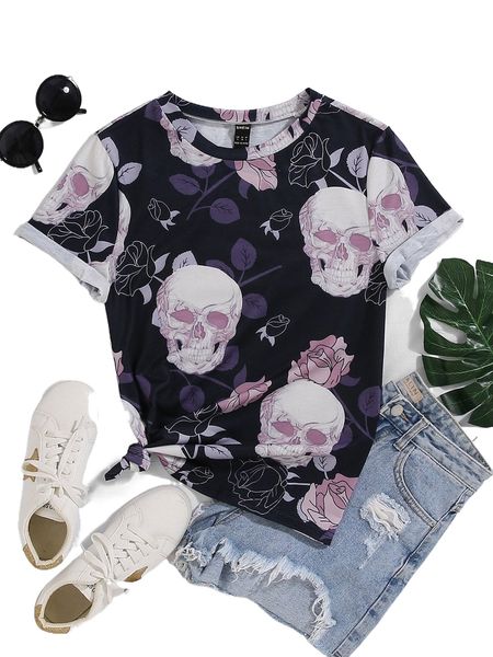 plus skeleton & floral print tee x8kd#, Black