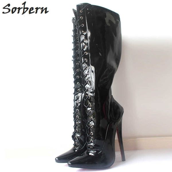 sorbern knee high women boots plus size lace up high 18cm heels pointed toe real image patent leather shoes woman boots 36-46, Black
sorbern knee high women boots plus size lace up high 18cm heels pointed toe real image patent leather shoes woman boots 36-46, Black