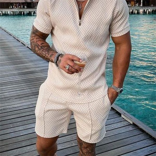 

men s polo suit fashion sets mesh printed streetwear v neck short sleeve polo shirt shorts two pieces casual 220624, Gray