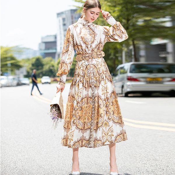 women's runway dresses stand collar long sleeves printed single breasted split mid dress vestidos, Black
women's runway dresses stand collar long sleeves printed single breasted split mid dress vestidos, Black