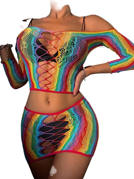 rainbow striped crisscross cut out off shoulder mesh & skirt without lingerie d6ai#, Black;red
rainbow striped crisscross cut out off shoulder mesh & skirt without lingerie d6ai#, Black;red