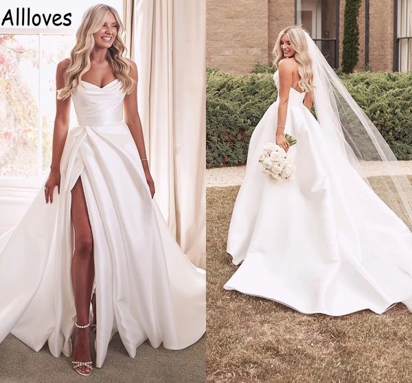 white satin a line wedding dresses high split strapless boho garden bridal gowns cl0310
white satin a line wedding dresses high split strapless boho garden bridal gowns cl0310