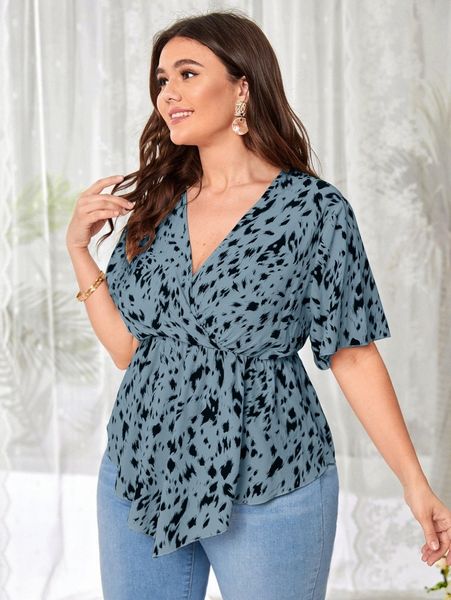 plus allover print overlap collar peplum blouse 62zf#, Black
plus allover print overlap collar peplum blouse 62zf#, Black