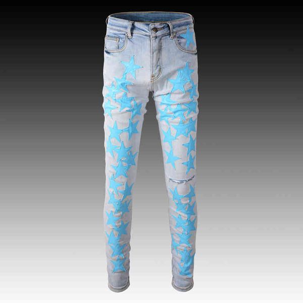 men's jeans fashion brand light blue star leather patch with holes and worn color elastic high-end youth slim fit men x8dp
men's jeans fashion brand light blue star leather patch with holes and worn color elastic high-end youth slim fit men x8dp