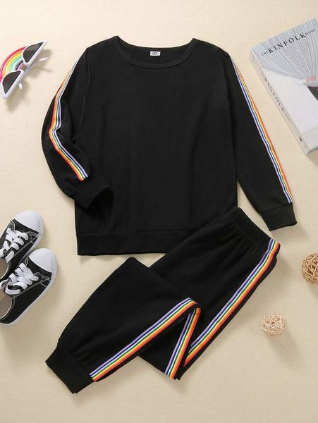 girls striped tape side sweatshirt & sweatpants she, White