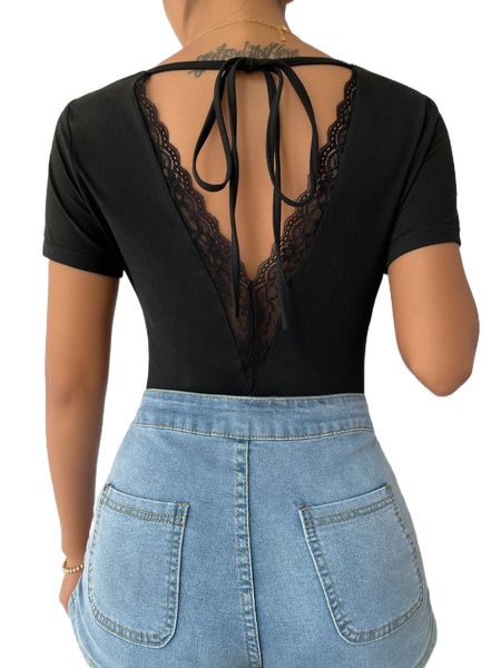 solid contrast lace tie back tee x0ax#, White
solid contrast lace tie back tee x0ax#, White