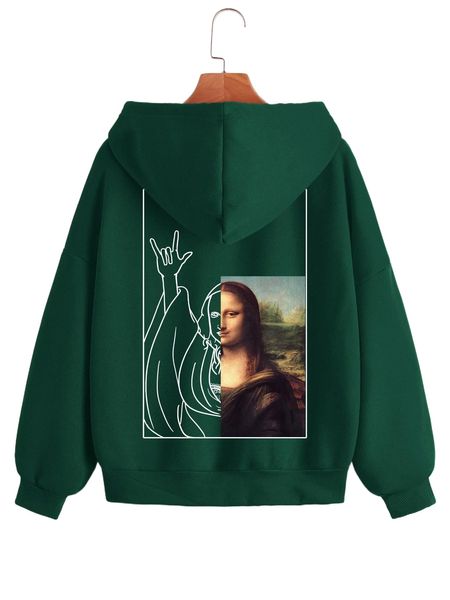 figure graphic zip up thermal lined drawstring hoodie d3g7#, Black