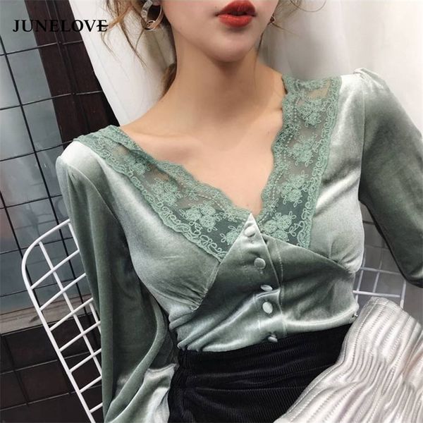 junelove elegant women long sleeve velvet blouse spring autumn lady v-neck lace female solid vintage backless botton shirts 210226, Black;gray
junelove elegant women long sleeve velvet blouse spring autumn lady v-neck lace female solid vintage backless botton shirts 210226, Black;gray