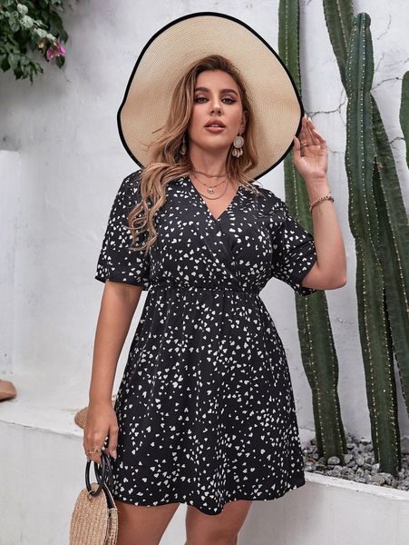 plus all over heart print v neck dress v4ge#, Black