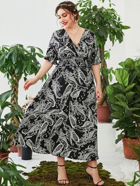 plus random paisley & floral print shirred waist puff sleeve dress o91f#, Black
plus random paisley & floral print shirred waist puff sleeve dress o91f#, Black