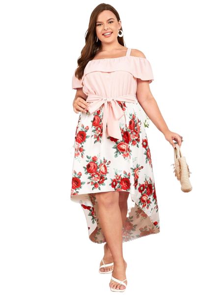 plus 1pc floral print cold shoulder high low hem belted dress o7yz#, Black