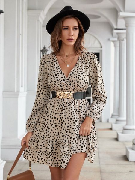 dalmatian print lantern sleeve ruffle hem dress without belt x2mo#, Black;gray
dalmatian print lantern sleeve ruffle hem dress without belt x2mo#, Black;gray