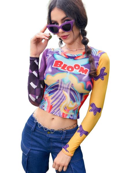 tie dye letter graphic crop mesh q5it#, White 
tie dye letter graphic crop mesh q5it#, White