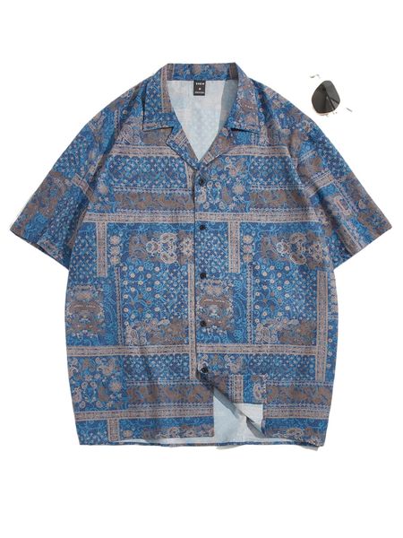 men lapel collar paisley patchwork print shirt i4e2#, White;black