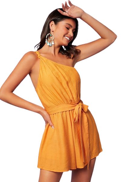 one shoulder belted romper 87as#, Black;white